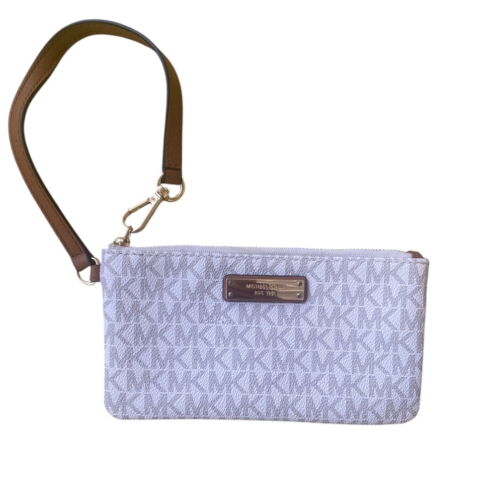 Michael Kors Monogram White and Tan Wristlet GUC